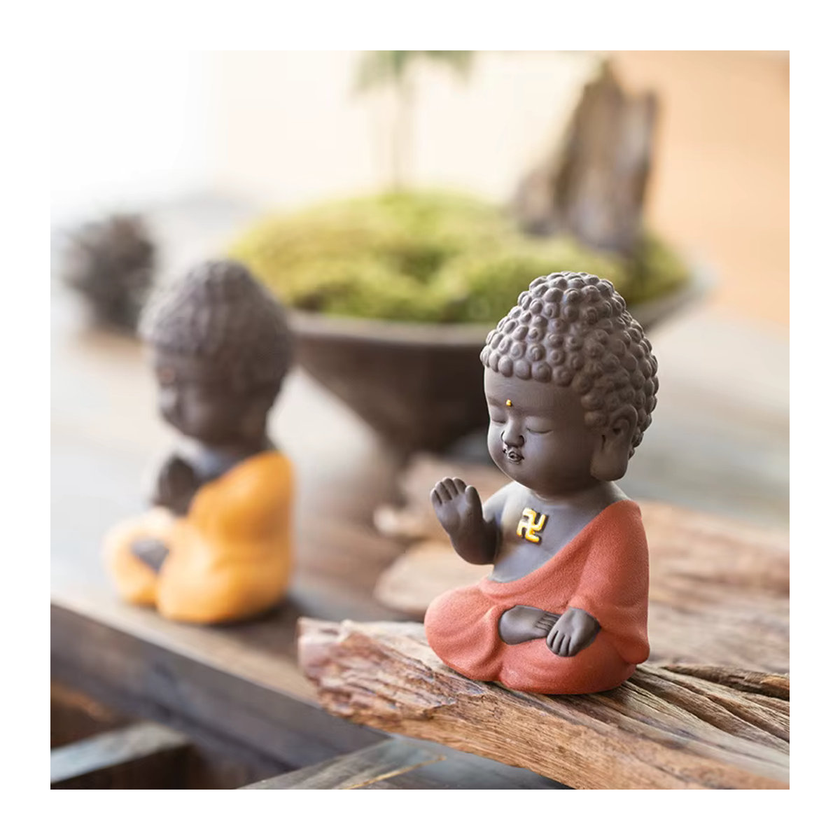 Lachender Mönch Buddha Statue aus Keramik in Lila Sand für Teezeremonie und Auto-Ornamente - Bild 2