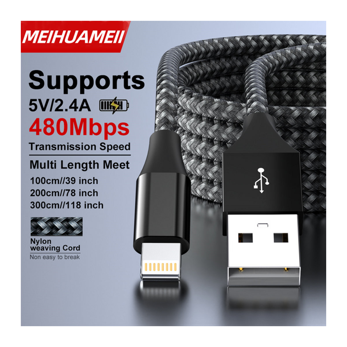 LAIHONEN MFi-zertifiziertes USB-A auf Lightning Schnellladekabel aus geflochtenem Nylon in Schwarz und Grau für iPhone 11 12 13 14 Pro XS - Bild 1