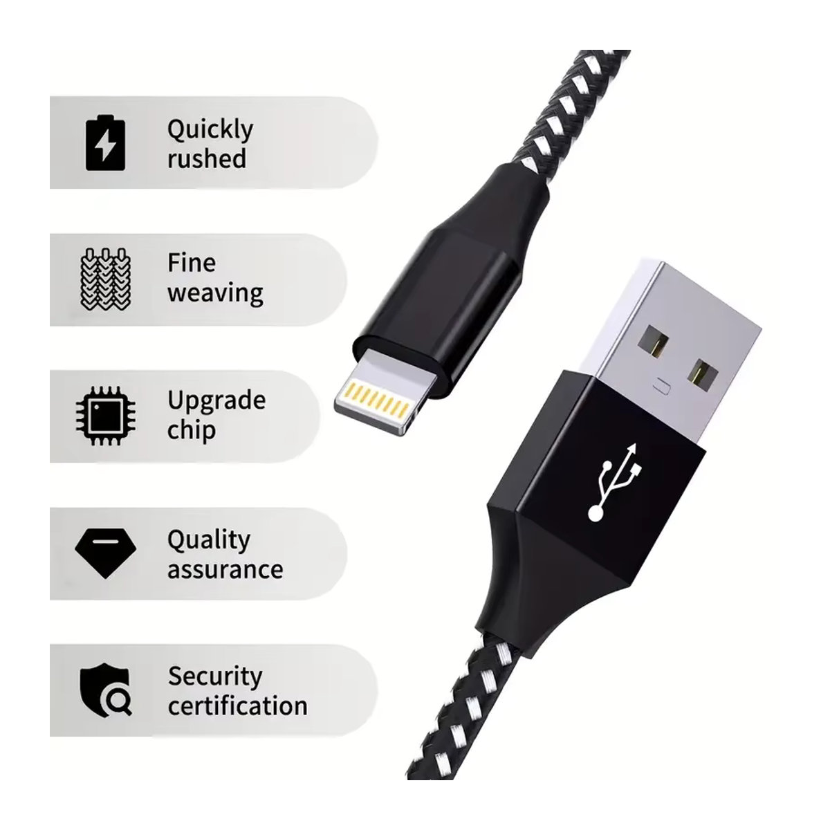 LAIHONEN MFi-zertifiziertes USB-A auf Lightning Schnellladekabel aus geflochtenem Nylon in Schwarz und Grau für iPhone 11 12 13 14 Pro XS - Bild 2