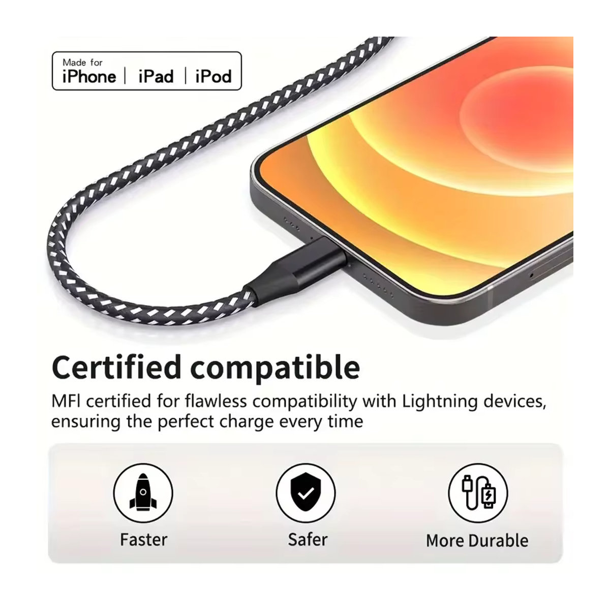 LAIHONEN MFi-zertifiziertes USB-A auf Lightning Schnellladekabel aus geflochtenem Nylon in Schwarz und Grau für iPhone 11 12 13 14 Pro XS - Bild 3