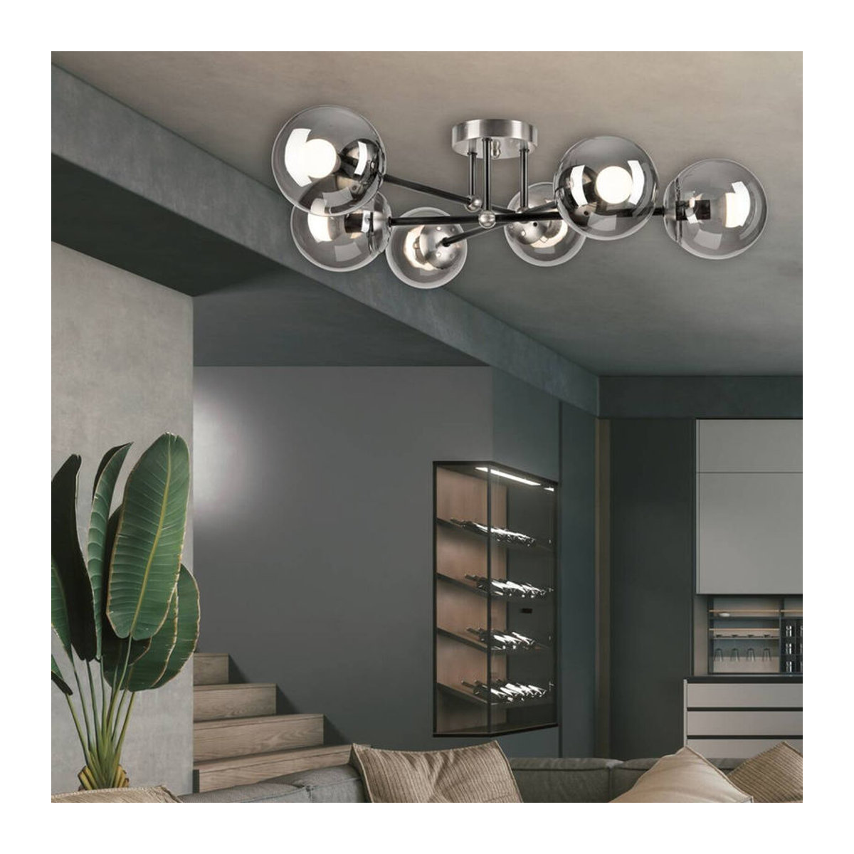 Lamkur Anbauleuchte Malena Deckenlampe aus Stahl und Glas in Chrom und Schwarz, B/H/L: 64 x 20 x 64 cm, E14, 6 Fassungen - Bild 1