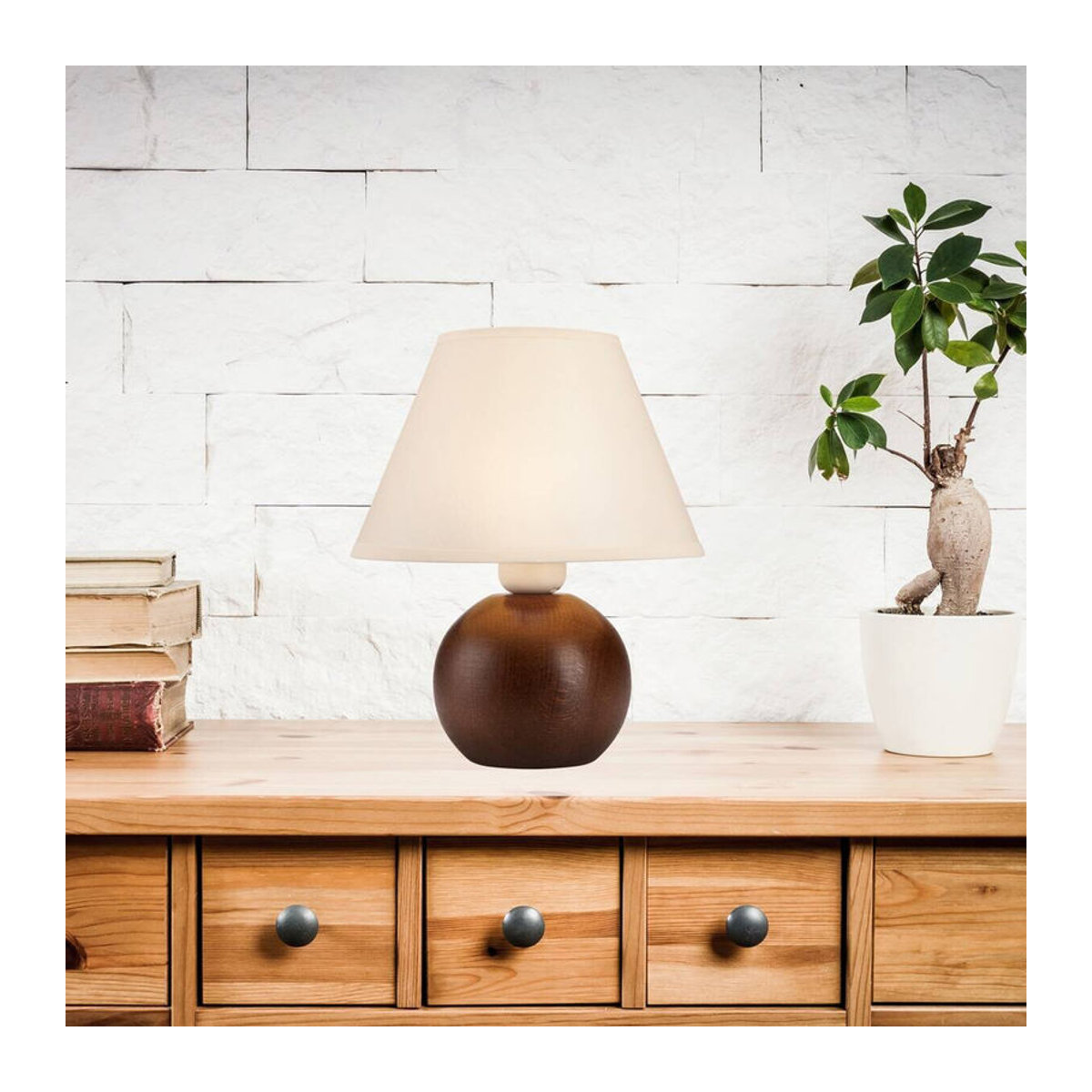 Lamkur Nachttischlampe Ball in Natur und Braun aus Stahl, Holz und Stoff mit E27 Fassung, H x B: 24 x 19 cm - Bild 2