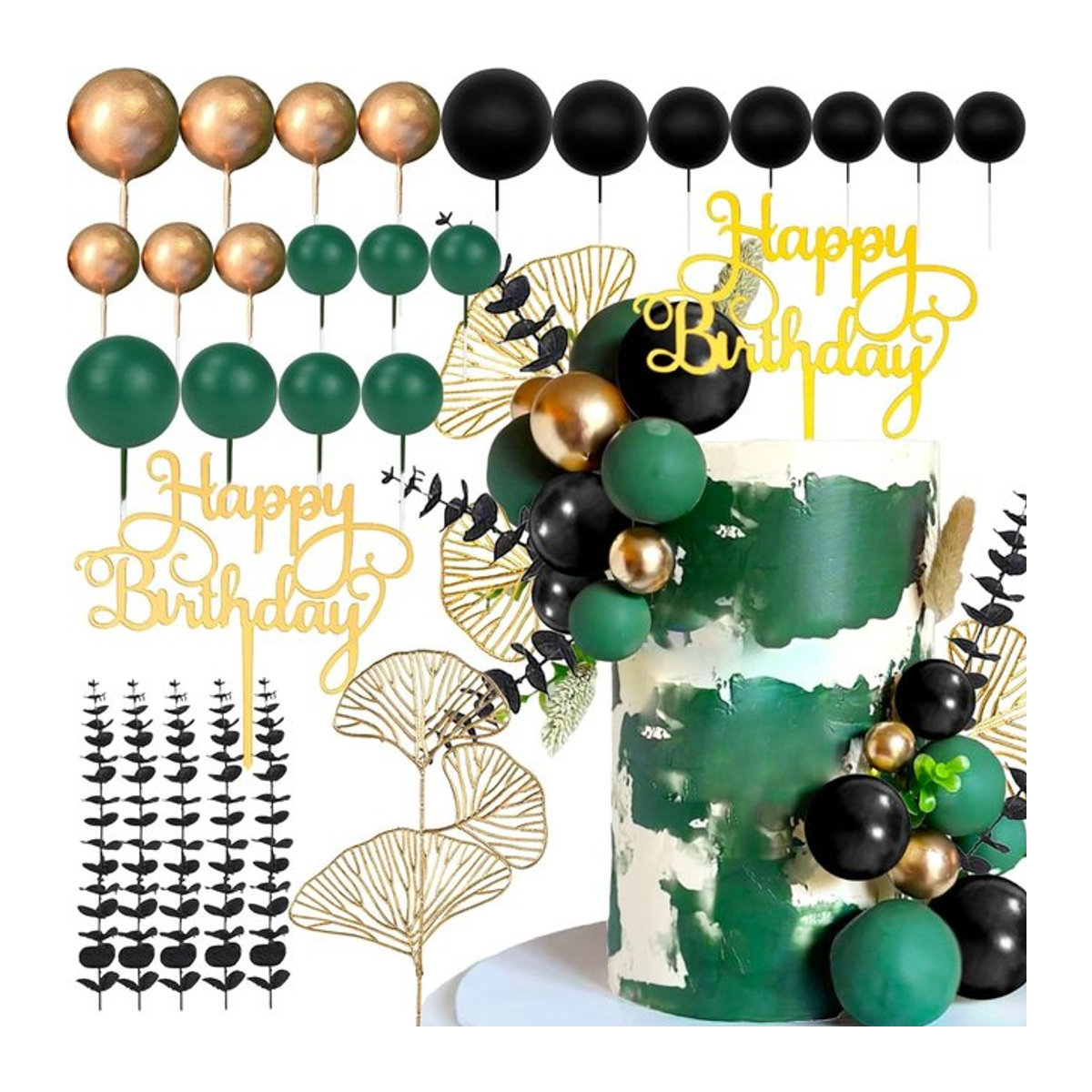 LaVenty Kuchenaufsatz Set in Schwarz, Gold und Grün für Geburtstag, Hochzeit oder Babyparty, abstrakte Dekoration im Glamour-Stil - Bild 1