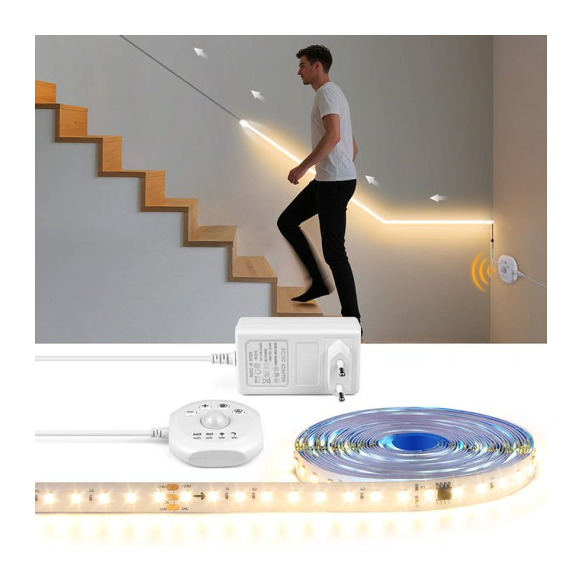 Lcamaw LED-Band-Wandleuchte in Weiß mit PIR-Bewegungssensor und Wasserfluss-Lichteffekt, einstellbare Szenen, Geschwindigkeit und Helligkeit für Decken- und Treppendekoration - Bild 1