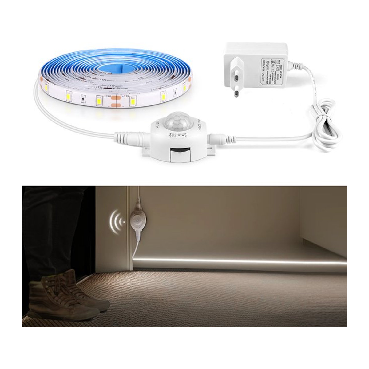 Lcamaw Wasserdichter LED Streifen mit PIR Bewegungssensor 12V in Warmes Weiß für Schrank, Küche und Treppen - Bild 1