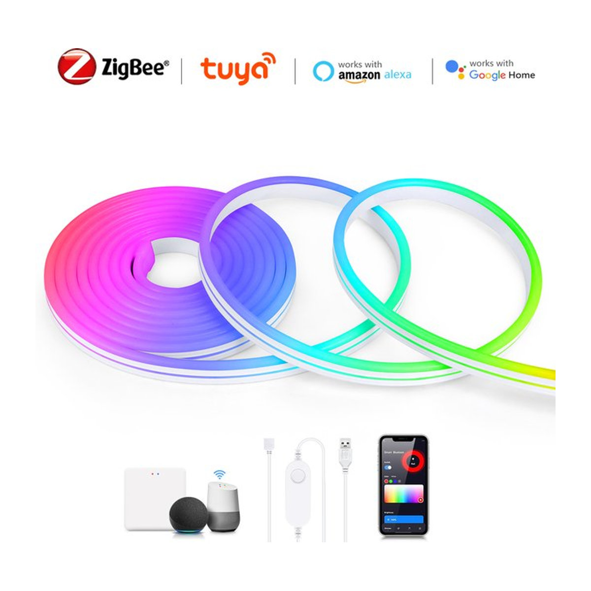 Lcamaw Zigbee 3.0 Neon RGB LED Streifen USB 5V dimmbar kompatibel mit Tuya Smart Gateway, SmartThings, Alexa und Google Home - Bild 1