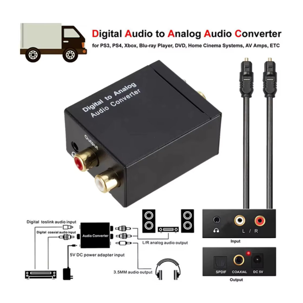 LccKaa Digital zu Analog Audio Konverter Schwarz mit SPDIF, Koaxial, Optisch und 3,5 mm Klinke sowie RCA L/R Anschluss - Bild 2