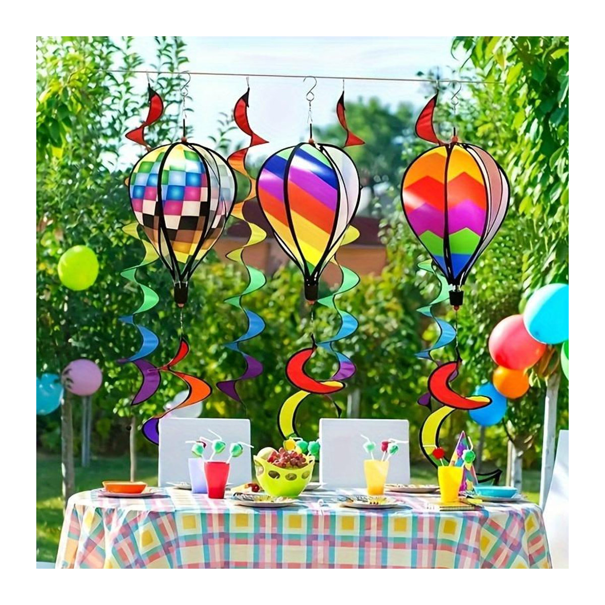 LChome Regenbogen Heißluftballon Windspiel aus Stoff und Kunststoff, bunte drehende Windmühle als hängende Dekoration für Garten und Raum - Bild 2