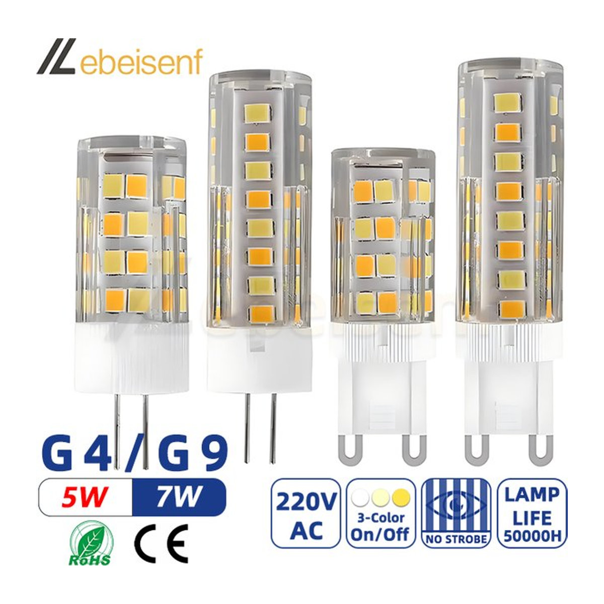 lebeisenf LED-Lampen mit G4/G9-Sockel, dreifarbige Schaltung (3000K, 4000K, 6000K) für 220 V - Bild 1