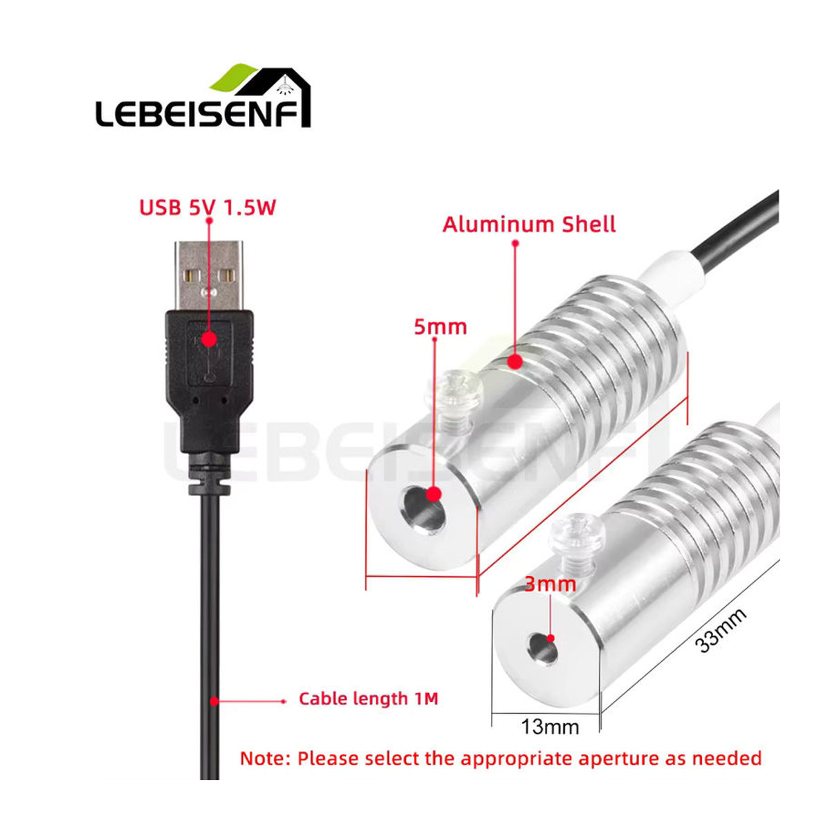 lebeisenf USB-LED-Mini-Beleuchtung mit 8 Farben, 1,5 W, Aluminium-LED-Emitter für Glasfaser-Lampen und seitliches Leuchten - Bild 2