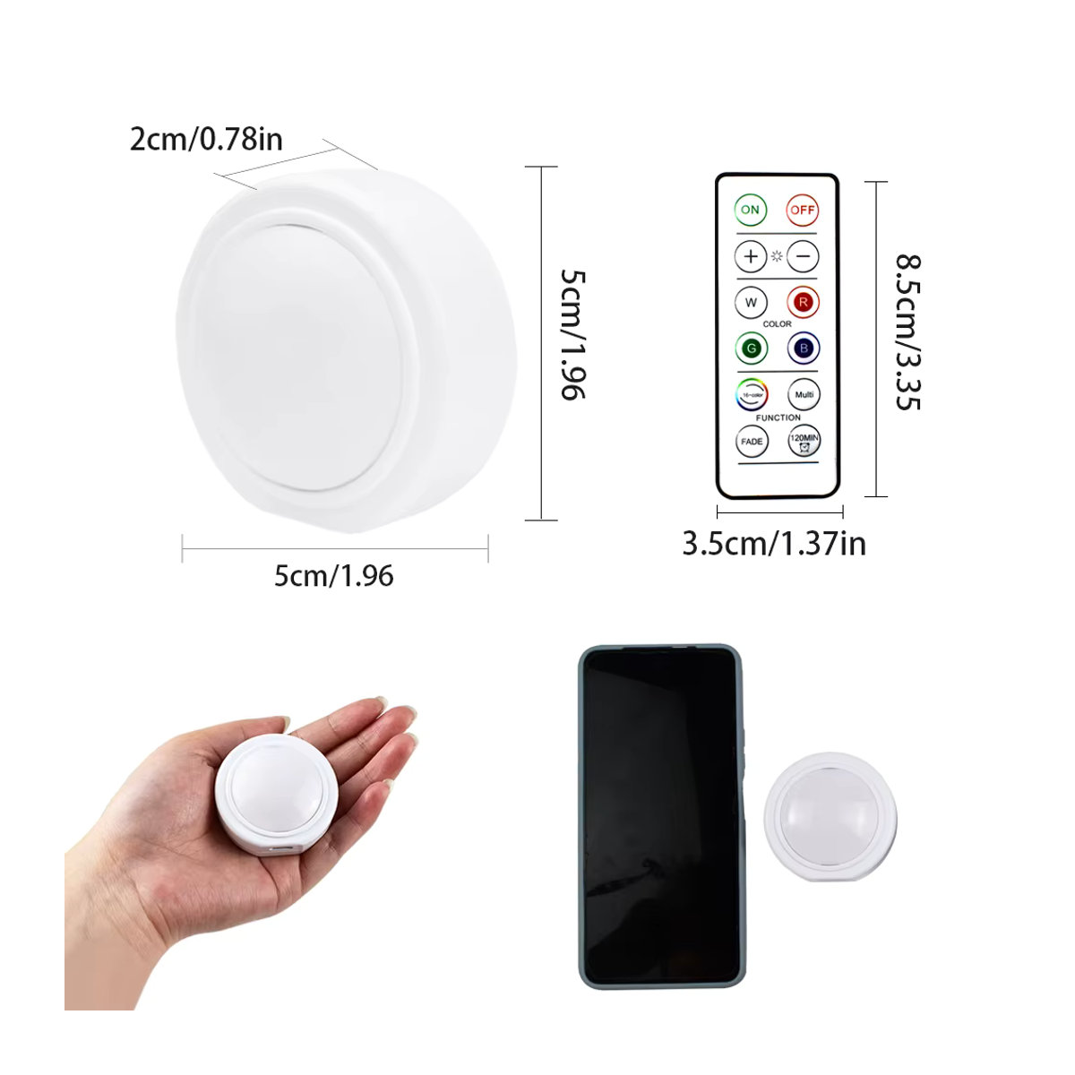 LED-Puck-Licht Set mit Fernbedienung, RGB 16 Farben, dimmbar und wiederaufladbar, USB-Möbelbeleuchtung in Weiß und Bunt - Bild 2