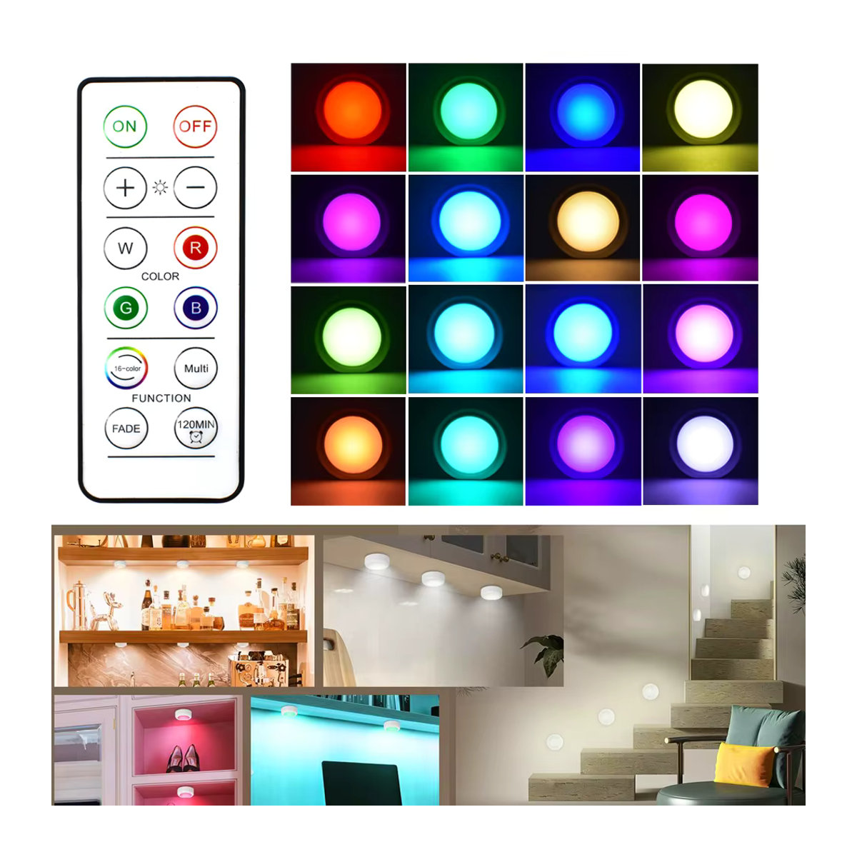 LED-Puck-Licht Set mit Fernbedienung, RGB 16 Farben, dimmbar und wiederaufladbar, USB-Möbelbeleuchtung in Weiß und Bunt - Bild 4
