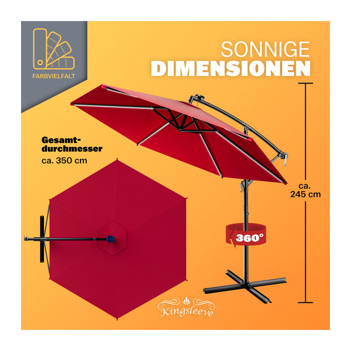 LED Solar Ampelschirm Malie Rot Ø 350 cm mit UV-Schutz 80+ und Hülle - Bild 3