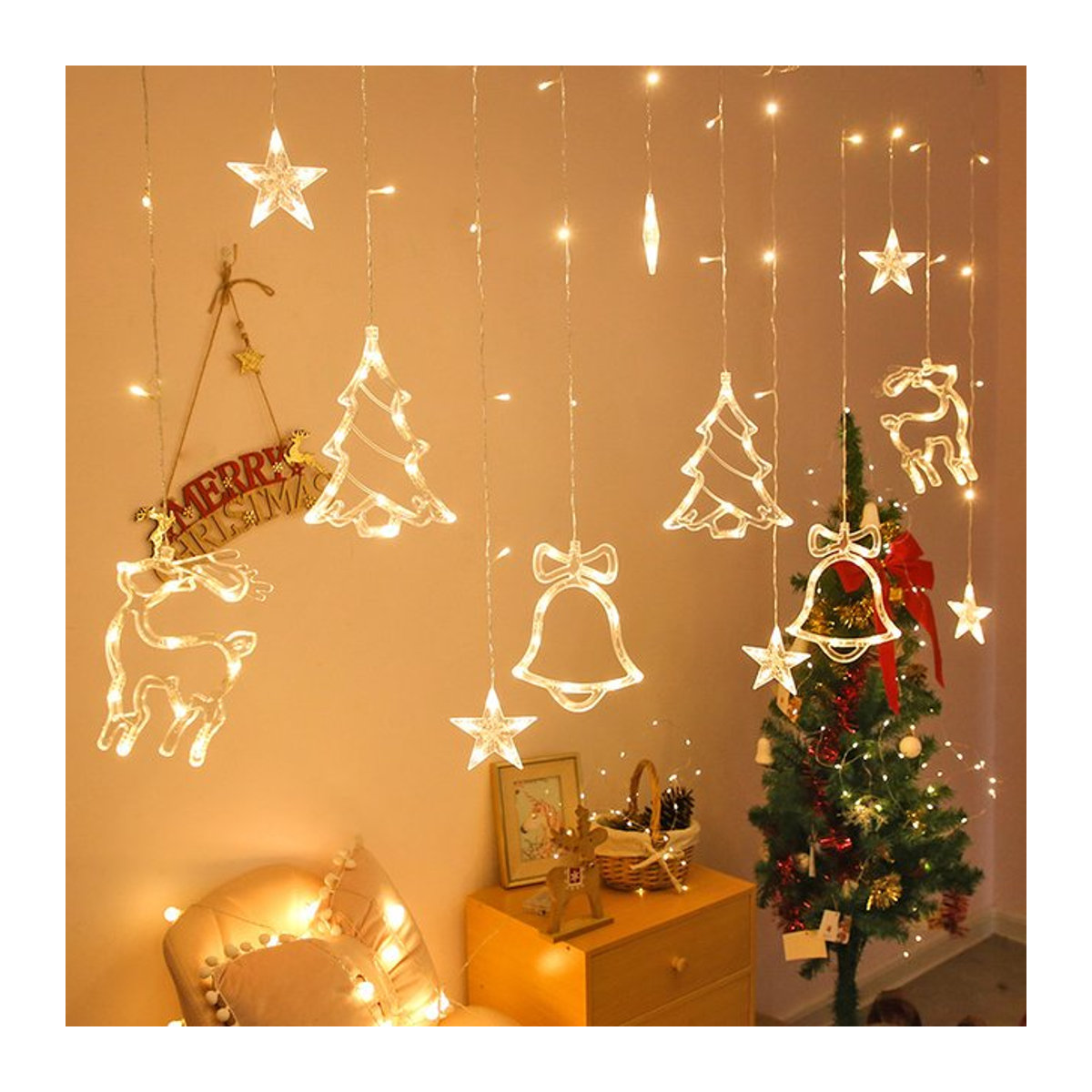 LED-Weihnachtslichterkette mit Stern, Baum, Glocke und Elch für deine Party-Dekoration, USB-Betrieb - Bild 1