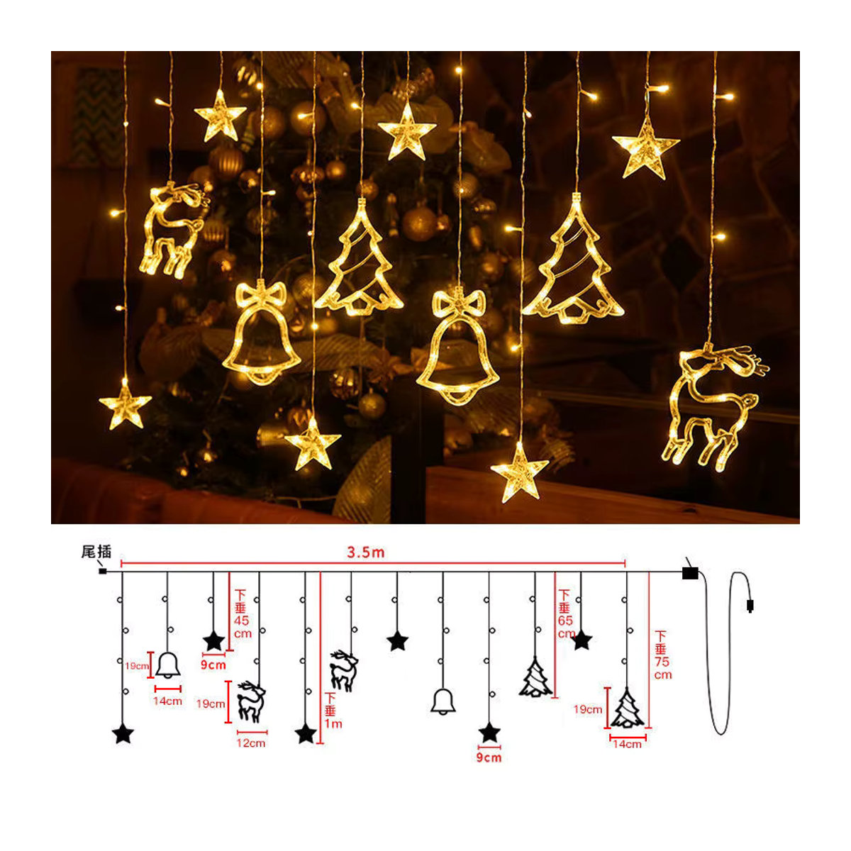 LED-Weihnachtslichterkette mit Stern, Baum, Glocke und Elch für deine Party-Dekoration, USB-Betrieb - Bild 5