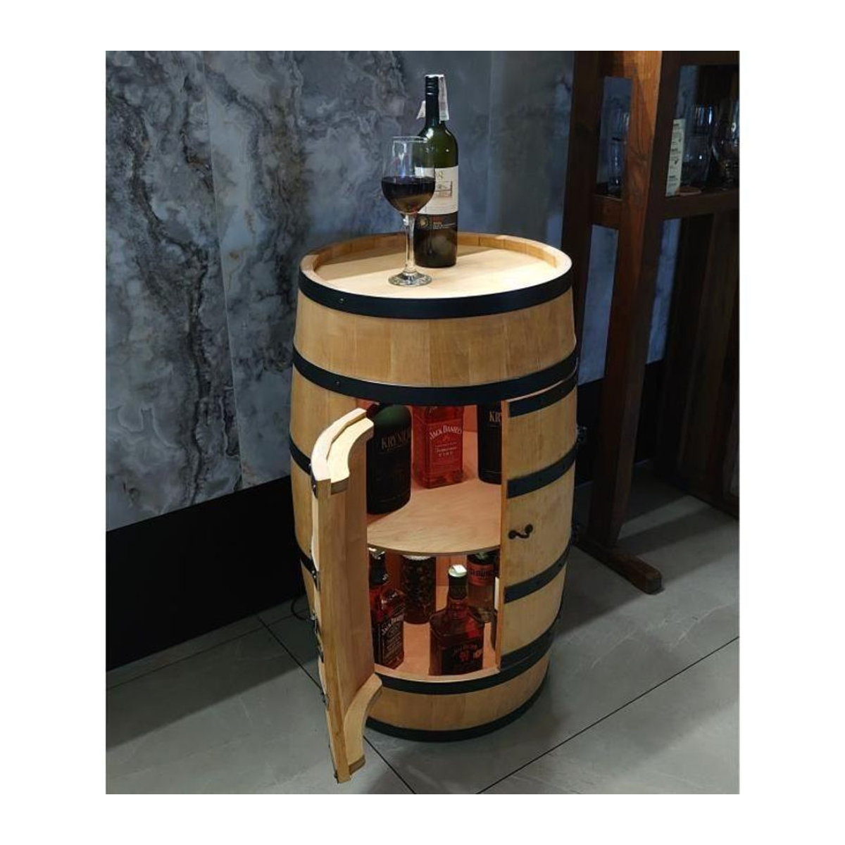 LED Weinregal Creative Cooper Holzfass mit Türen in Eiche braun B/H: 80 x 50 cm - Bild 3