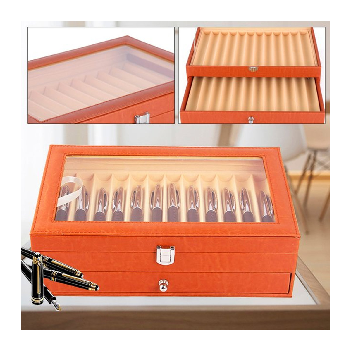 Leder Aufbewahrungsvitrine mit 24 Fächern für Federhalter, Organizer Box aus Leder und Flanell in Schwarz - Bild 1