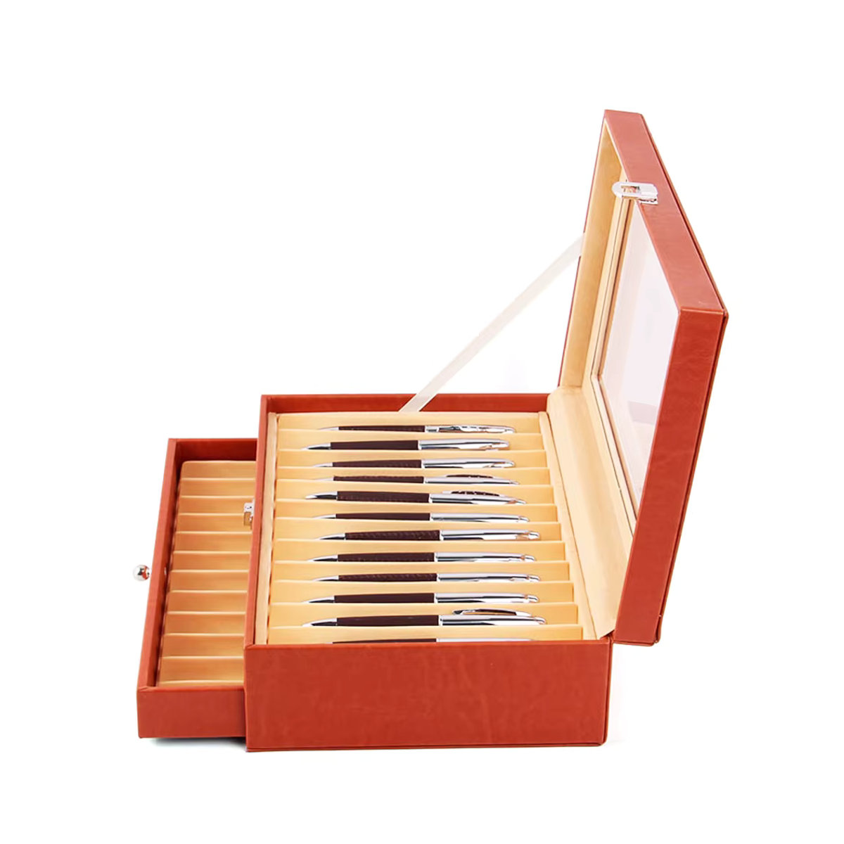 Leder Aufbewahrungsvitrine mit 24 Fächern für Federhalter, Organizer Box aus Leder und Flanell in Schwarz - Bild 2