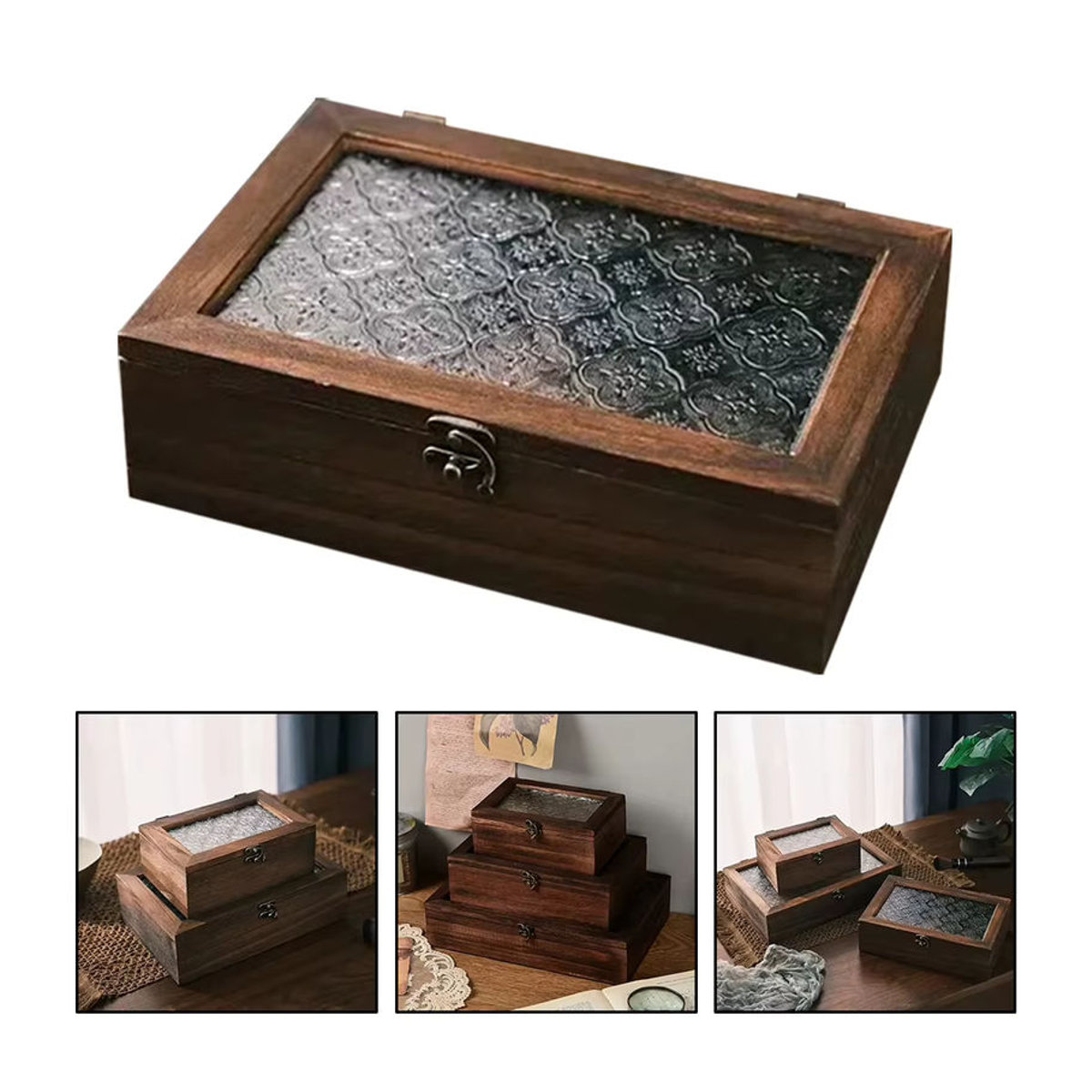 LEENKEA Dekorative Aufbewahrungsbox aus Massivholz und Glas in Braun mit floralem Begonien-Design im Nordischen Retro-Stil - Bild 2