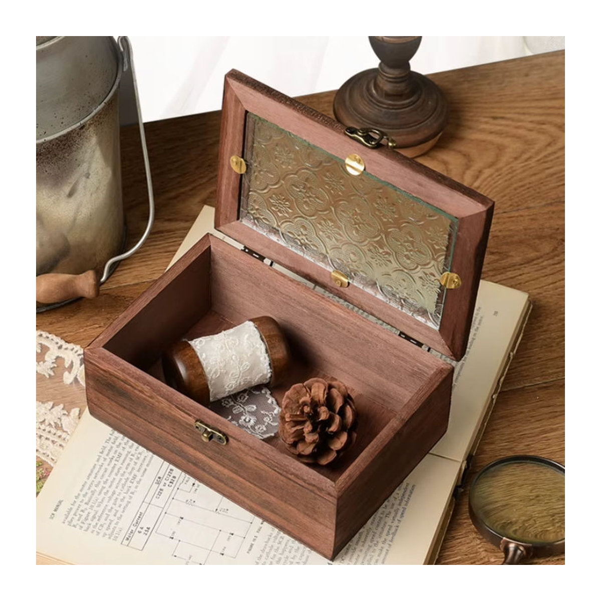 LEENKEA Dekorative Aufbewahrungsbox aus Massivholz und Glas in Braun mit floralem Begonien-Design im Nordischen Retro-Stil - Bild 3
