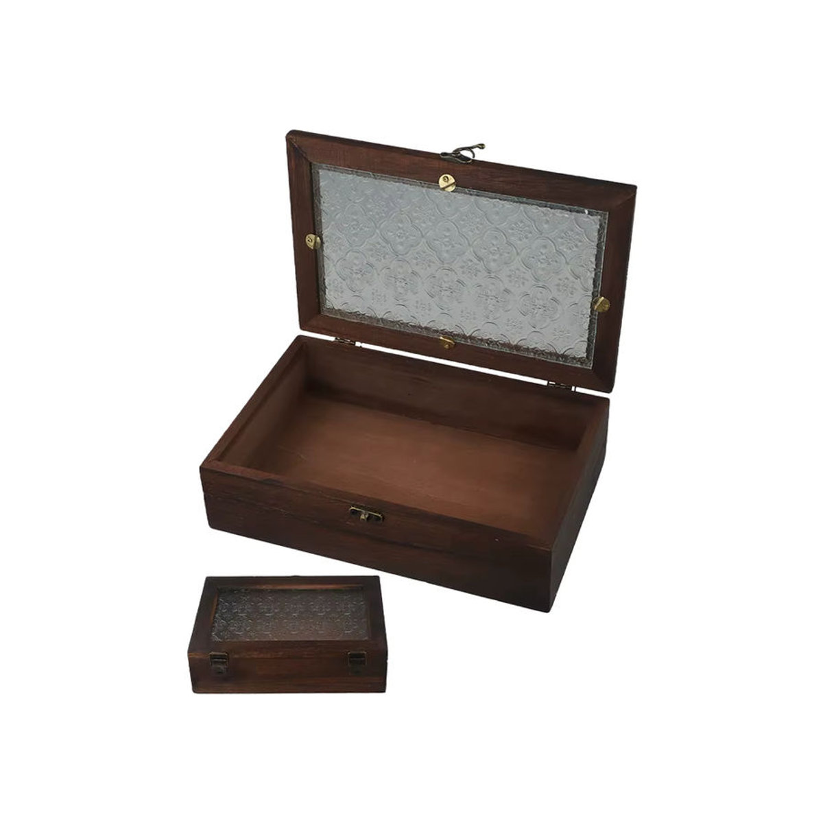 LEENKEA Dekorative Aufbewahrungsbox aus Massivholz und Glas in Braun mit floralem Begonien-Design im Nordischen Retro-Stil - Bild 4