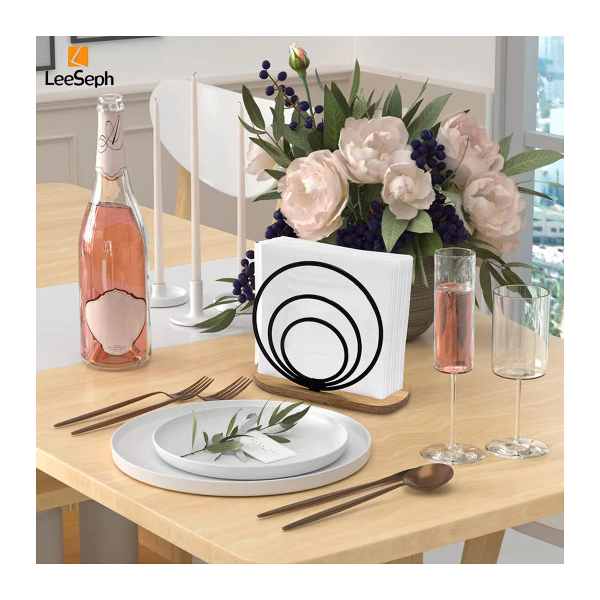Leeseph Moderner Serviettenhalter mit schwarzem Holzsockel in geometrischem Design - Bild 5