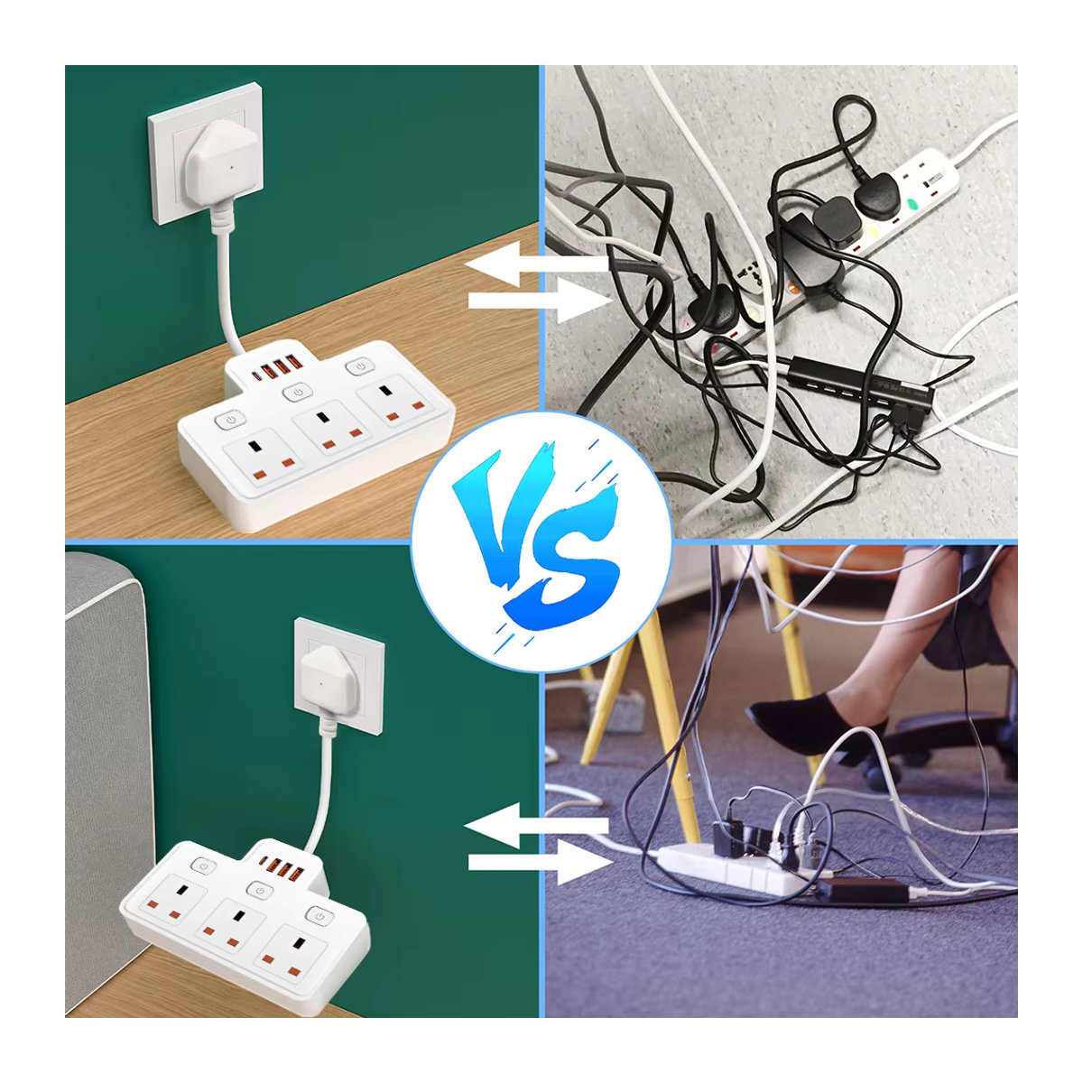 Lehotpia Steckdosenleiste mit UK AC-Stecker und USB-Anschlüssen, Multitap-Netzwerkfilter mit unabhängigem Schalter für Wandmontage, Schwarz oder Weiß - Bild 4