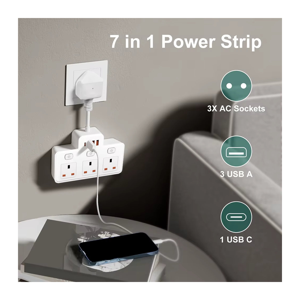 Lehotpia Steckdosenleiste mit UK AC-Stecker und USB-Anschlüssen, Multitap-Netzwerkfilter mit unabhängigem Schalter für Wandmontage, Schwarz oder Weiß - Bild 5