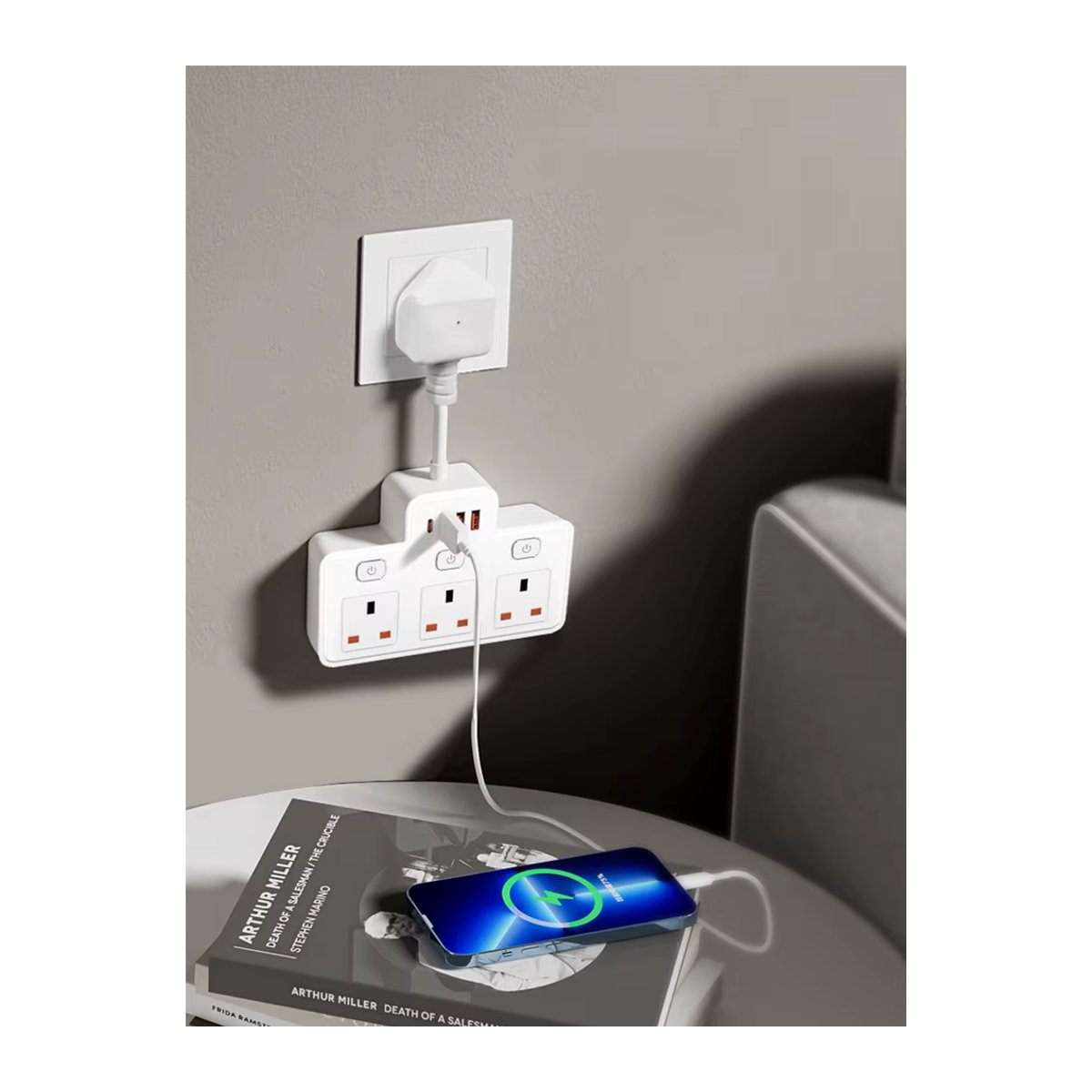 Lehotpia Steckdosenleiste mit UK AC-Stecker und USB-Anschlüssen, Multitap-Netzwerkfilter mit unabhängigem Schalter für Wandmontage, Schwarz oder Weiß - Bild 6