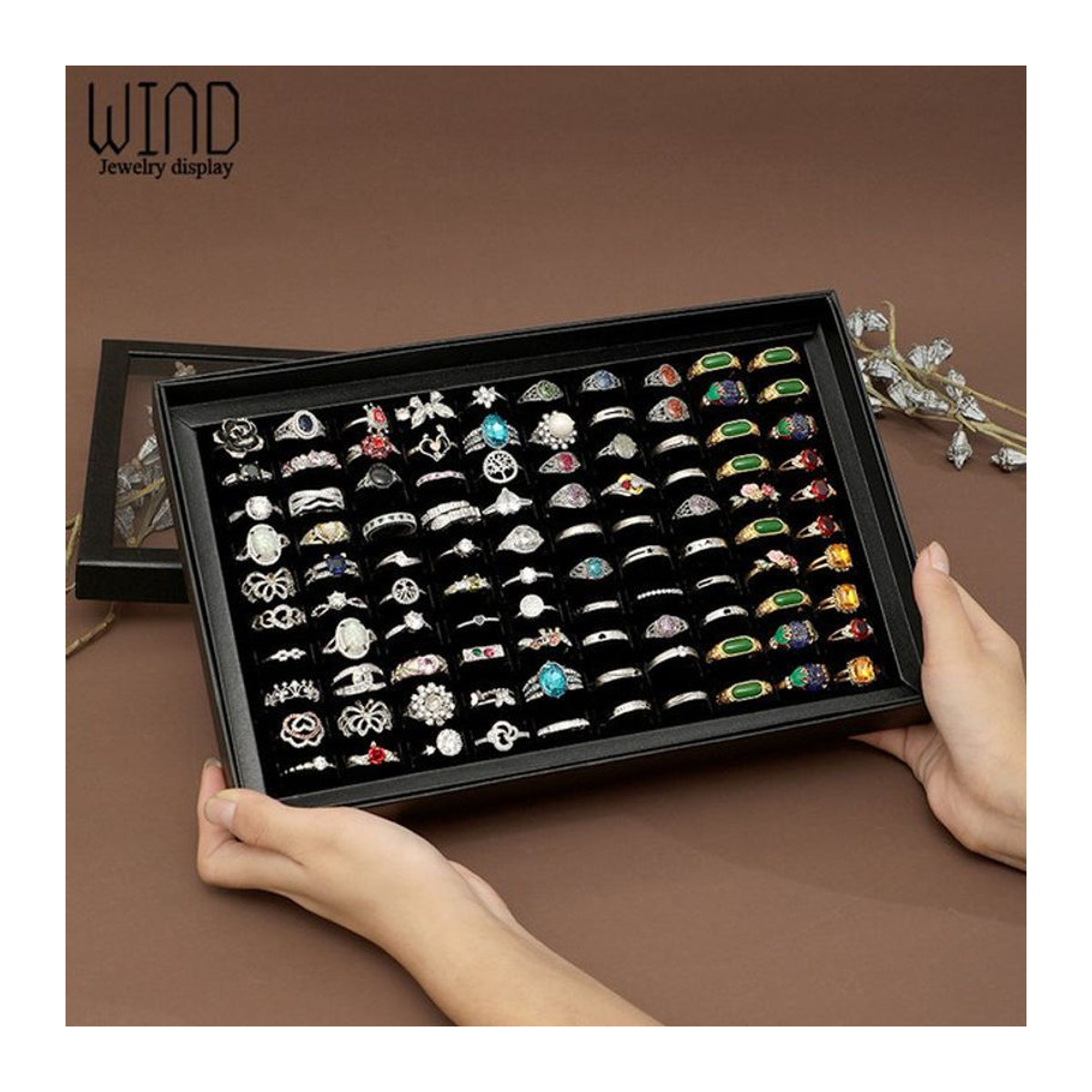 Lesaiyarr Schmuckaufbewahrung mit Deckel für 100 Ringe und Ohrringe, schwarze Schmuckdisplay-Box aus Kunststoff - Bild 1