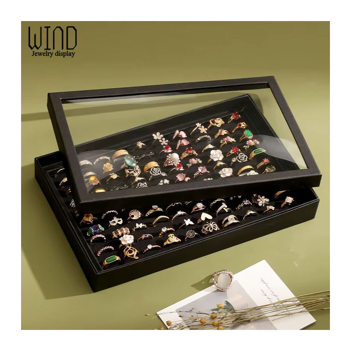 Lesaiyarr Schmuckaufbewahrung mit Deckel für 100 Ringe und Ohrringe, schwarze Schmuckdisplay-Box aus Kunststoff - Bild 3