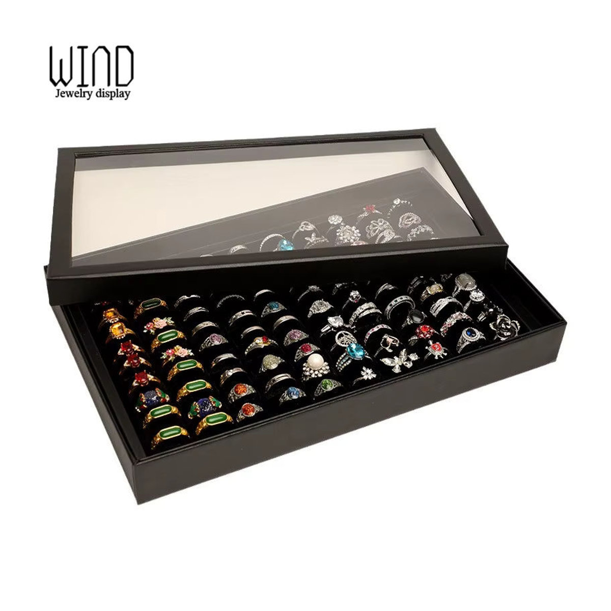 Lesaiyarr Schmuckaufbewahrung mit Deckel für 100 Ringe und Ohrringe, schwarze Schmuckdisplay-Box aus Kunststoff - Bild 4
