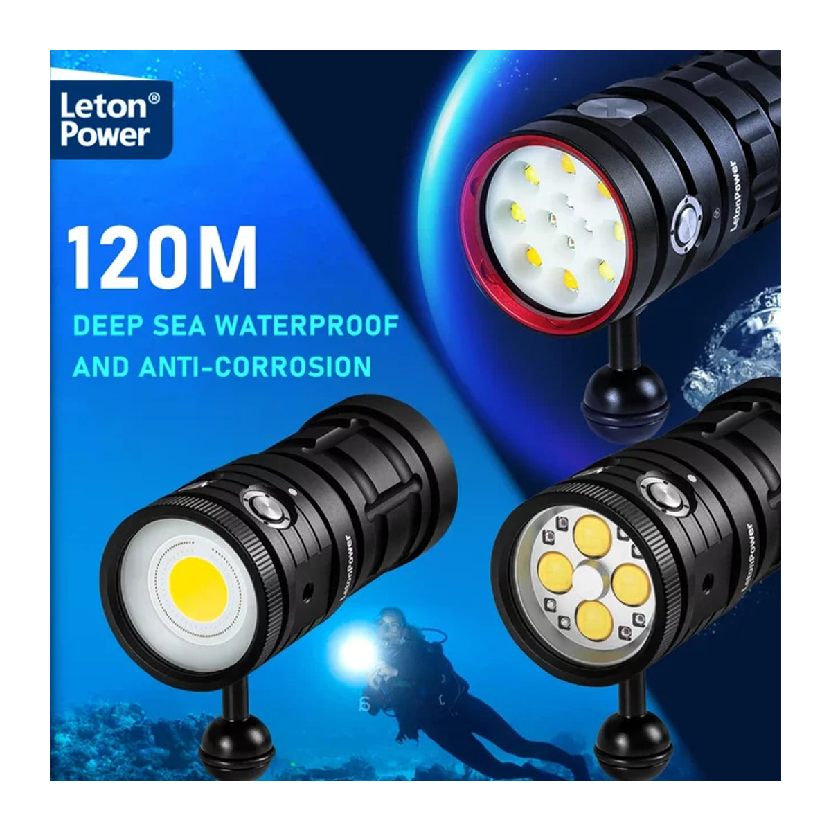 LetonPower Professionelle Unterwasserlampe mit 36 Kernen für Fotografie und Video, Wasserdicht bis 120m Tiefe, Hohe Lumen Tauchlampe - Bild 1