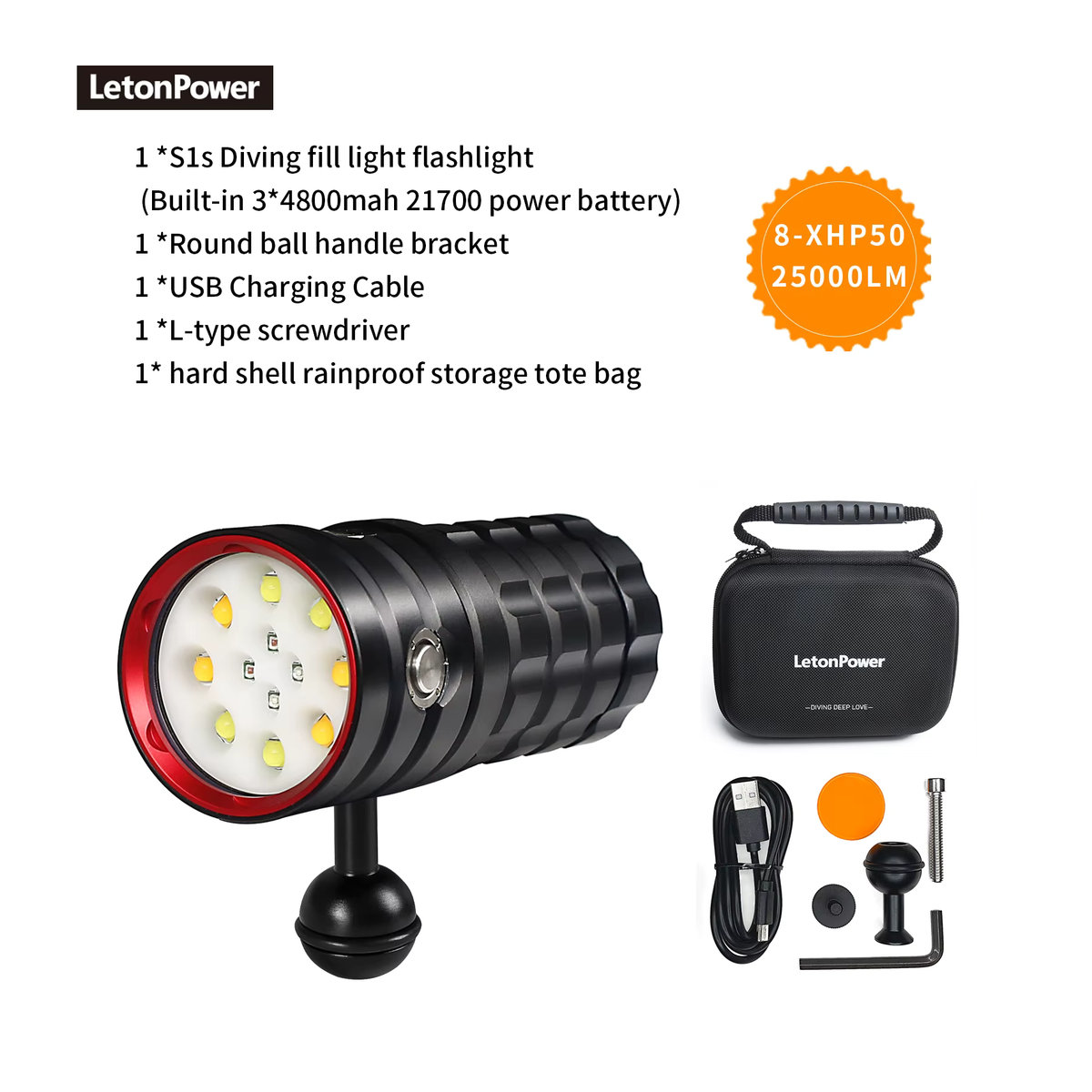 LetonPower Professionelle Unterwasserlampe mit 36 Kernen für Fotografie und Video, Wasserdicht bis 120m Tiefe, Hohe Lumen Tauchlampe - Bild 5