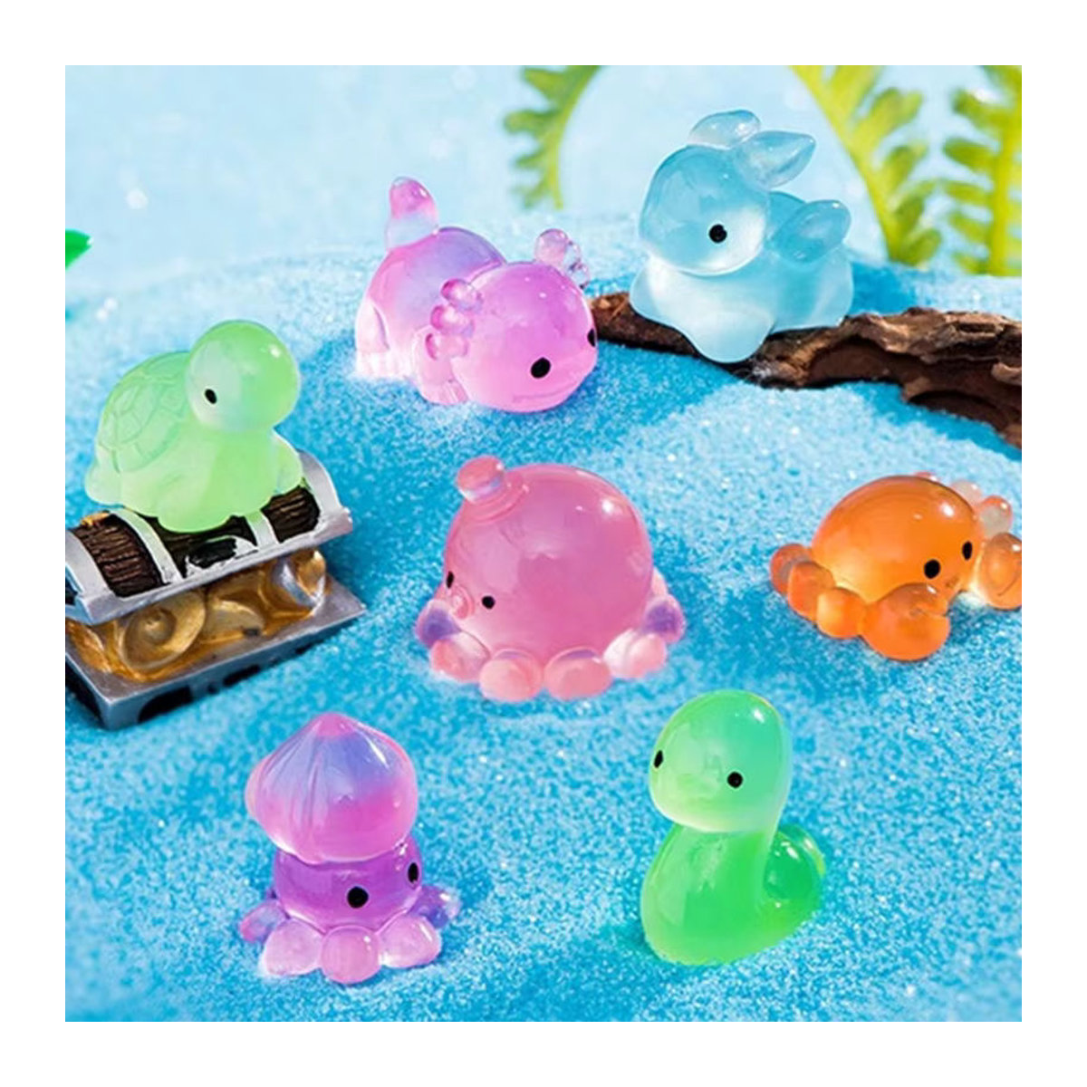 Leuchtende Meeresbewohner Figuren für dein Aquarium und Mikrolandschaften, Set aus Delphin, Krabbe, Oktopus und Meeresschildkröte, mehrfarbig, Kunststoff - Bild 2