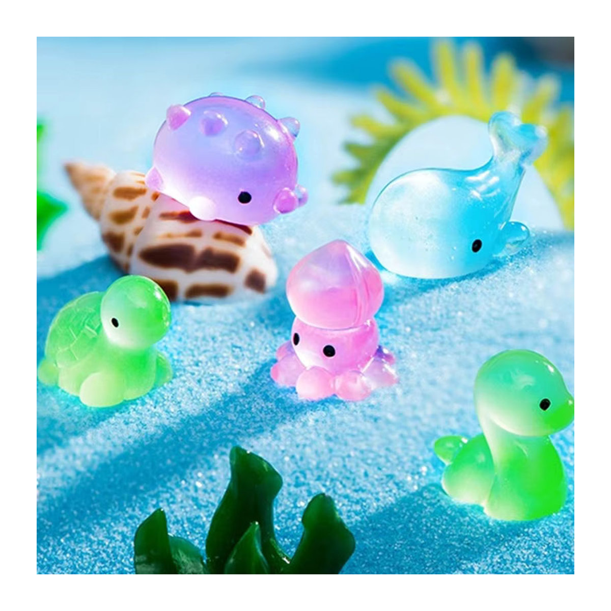Leuchtende Meeresbewohner Figuren für dein Aquarium und Mikrolandschaften, Set aus Delphin, Krabbe, Oktopus und Meeresschildkröte, mehrfarbig, Kunststoff - Bild 3