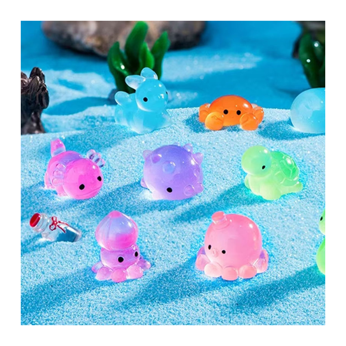 Leuchtende Meeresbewohner Figuren für dein Aquarium und Mikrolandschaften, Set aus Delphin, Krabbe, Oktopus und Meeresschildkröte, mehrfarbig, Kunststoff - Bild 5