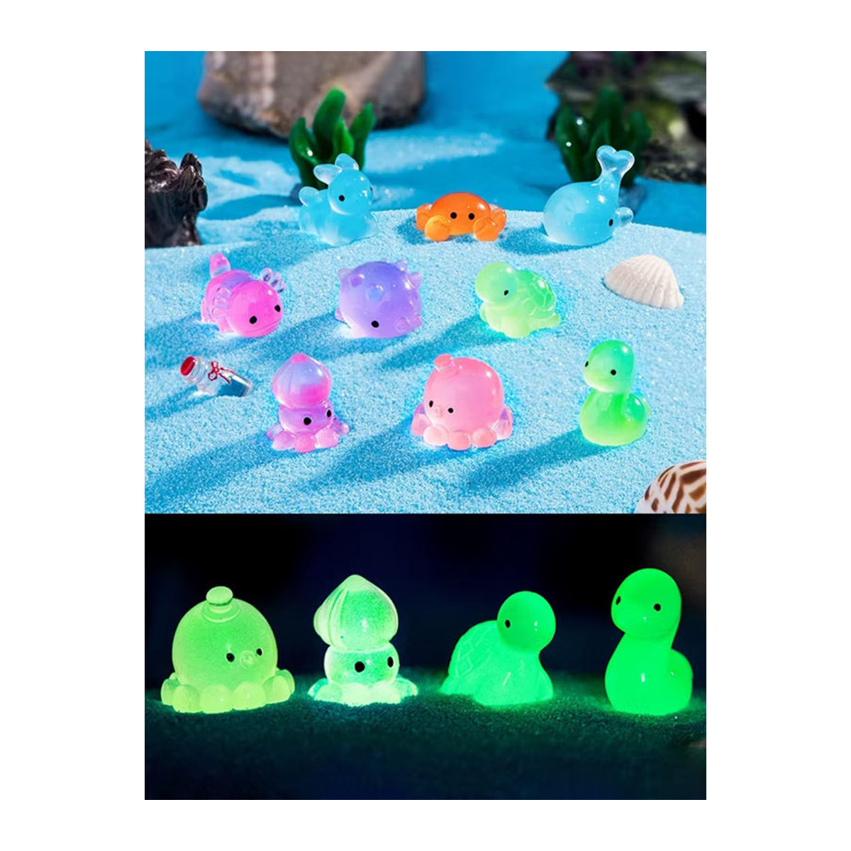 Leuchtende Meeresbewohner Figuren für dein Aquarium und Mikrolandschaften, Set aus Delphin, Krabbe, Oktopus und Meeresschildkröte, mehrfarbig, Kunststoff - Bild 7