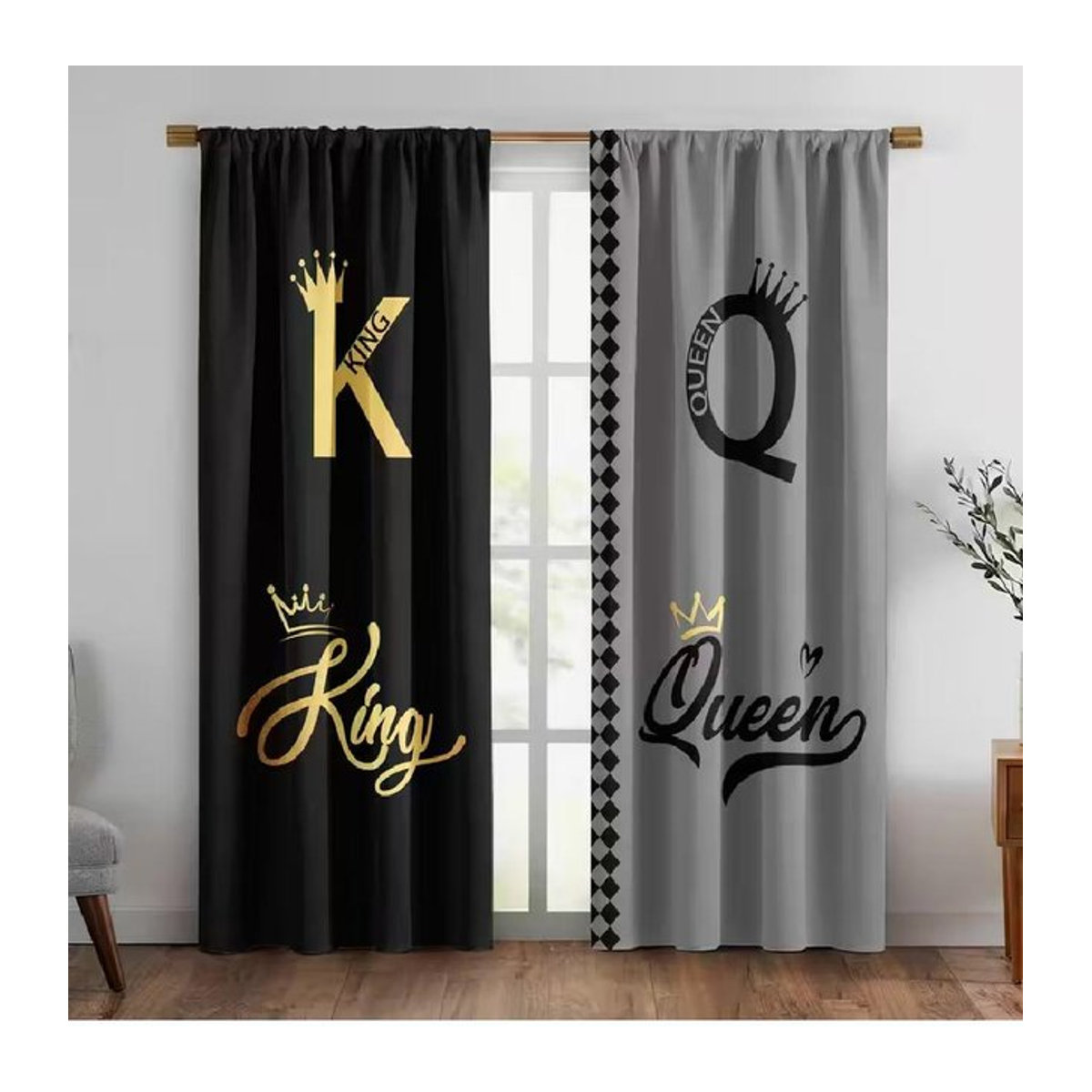 Li Made Set aus 2 lichtblockierenden Vorhängen mit King Queen Buchstaben-Kronenmuster aus Polyester, Breite: 100 cm, Höhe: 70 cm - Bild 1