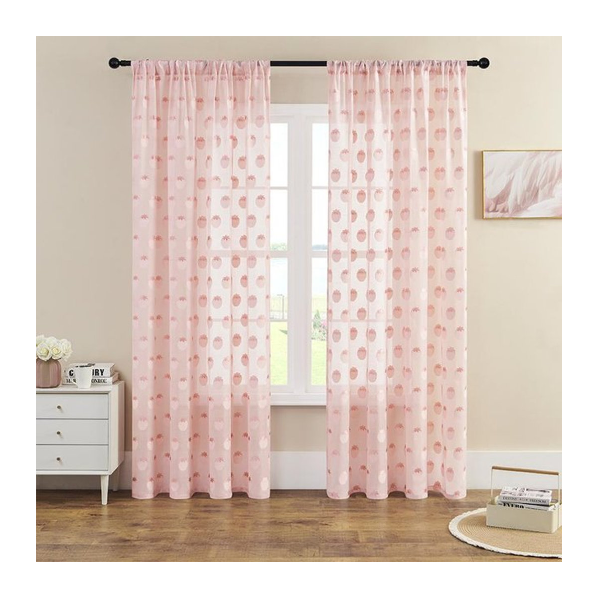 Lichtfilternde Erdbeer-Vorhänge aus Polyester für Küche, Schlafzimmer und Wohnzimmer, Pink, Breite: 100 cm, Höhe: 70 cm, 2er-Set - Bild 1