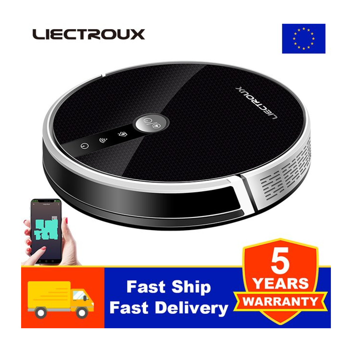LIECTROUX C30B Roboter-Staubsauger in Schwarz mit 6000Pa Saugleistung, KI-Kartenrouting, intelligentem Nasswischen und Desinfektionsfunktion sowie WiFi-App-Steuerung und Alexa-Kompatibilität - Bild 1