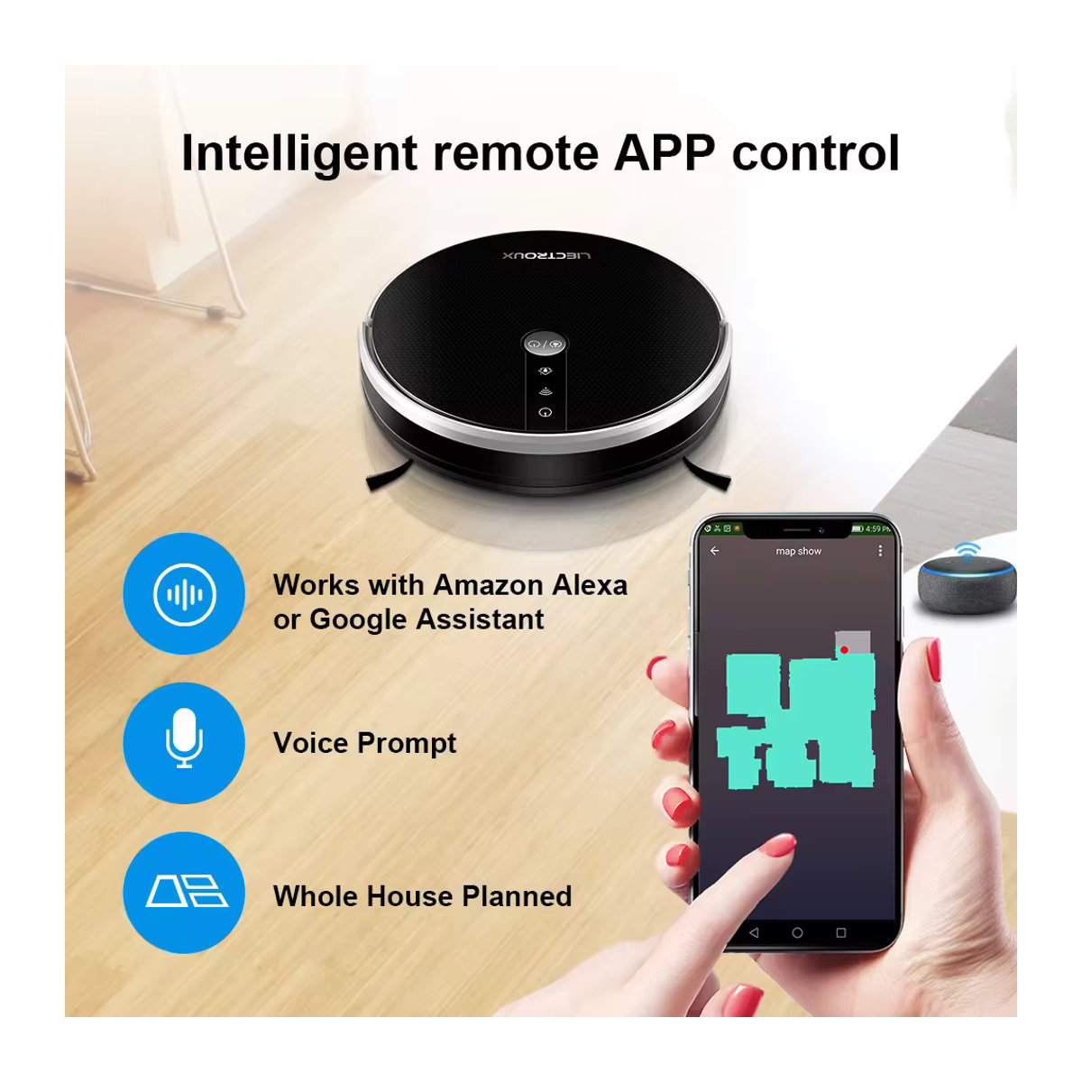 LIECTROUX C30B Roboter-Staubsauger in Schwarz mit 6000Pa Saugleistung, KI-Kartenrouting, intelligentem Nasswischen und Desinfektionsfunktion sowie WiFi-App-Steuerung und Alexa-Kompatibilität - Bild 2