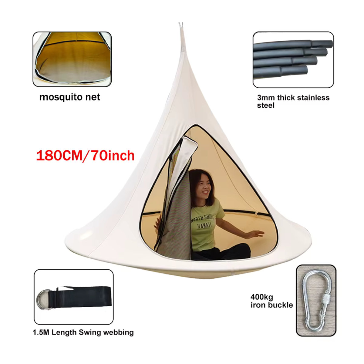 Lighten Up Schmetterling Hängematte Beige wasserdicht mit Reißverschluss und Moskitonetz für Outdoor und Camping 180 cm - Bild 4