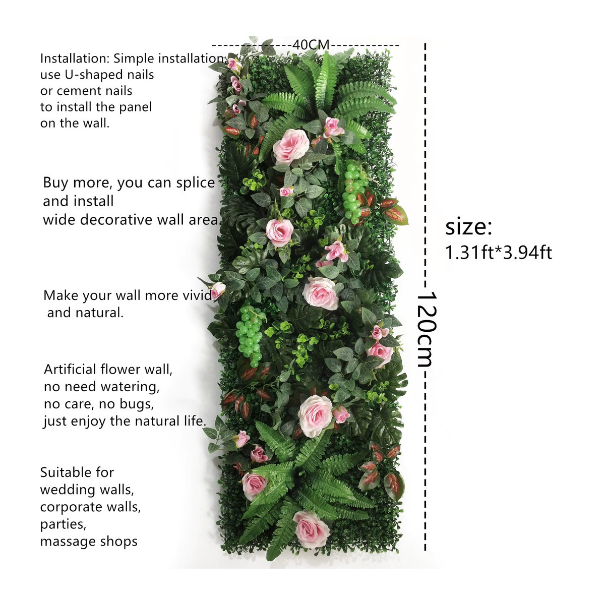 Linhongbin Künstliches Rosen-Wandpanel mit Strohmatte zur Wandmontage, Grün, B: 40 cm, H: 120 cm - Bild 2
