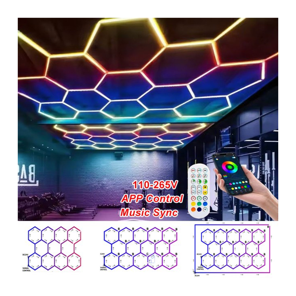 LINYILIGHT RGB Hexagon LED Deckenlampe mit App-Steuerung und Musik-Sync in Bunt für moderne Raumgestaltung - Bild 1
