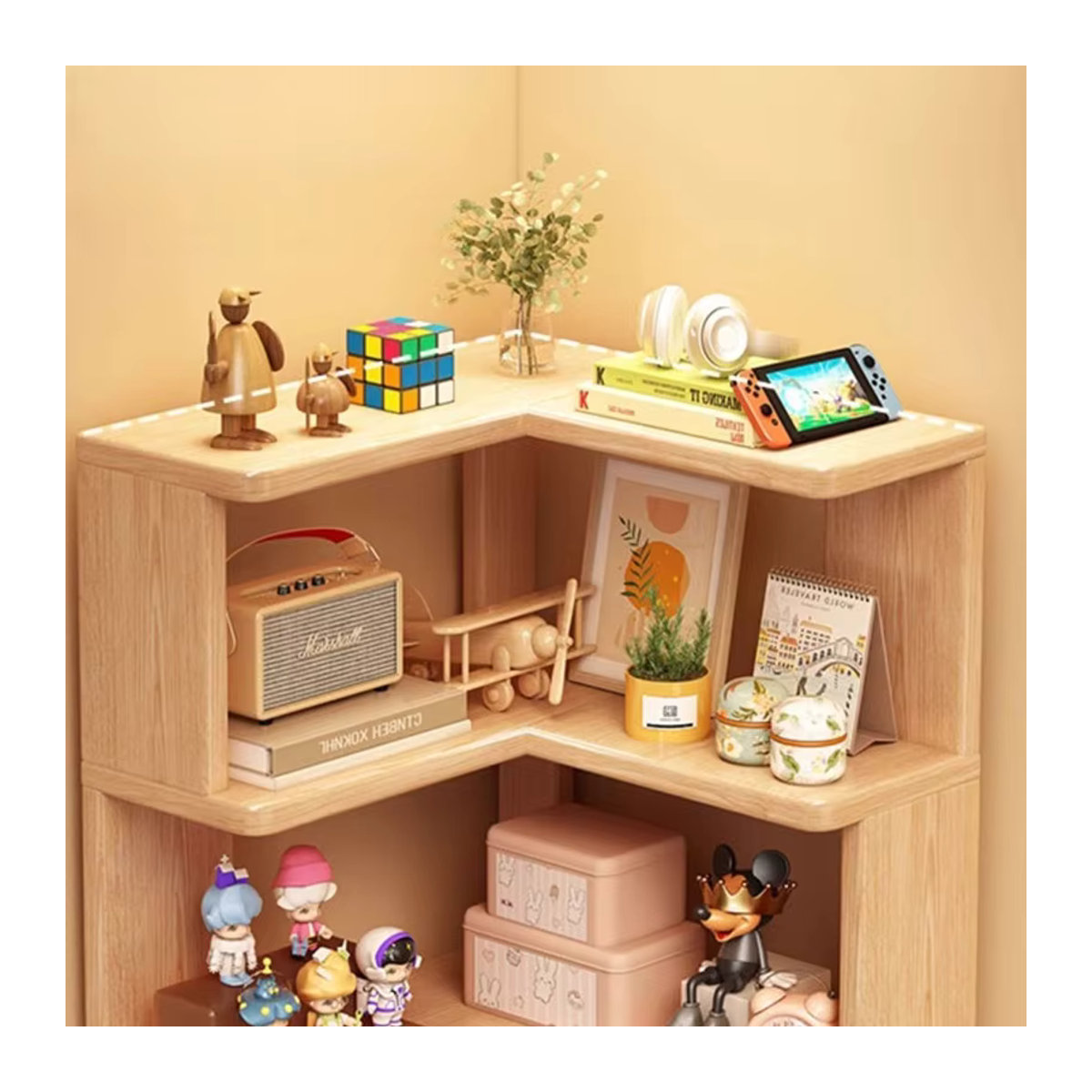 LIUSHADUOLA Eckregal aus Holz in Natur Braun im skandinavischen Design, freistehendes Eck-Bücherregal für deine Aufbewahrung - Bild 2