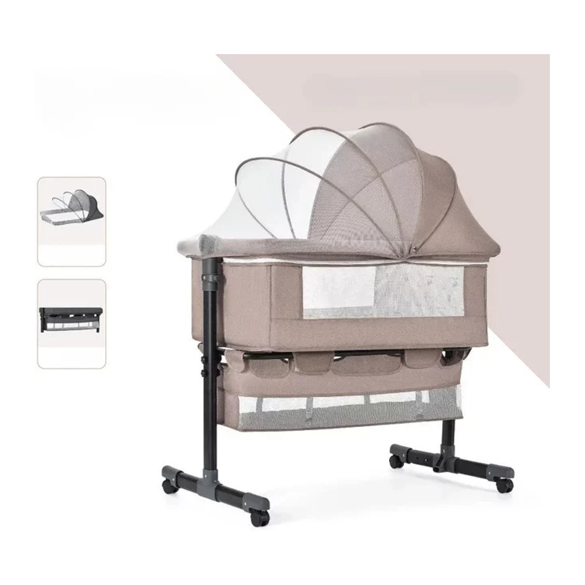 LIUSHADUOLA Kinderzimmerbett mit Moskitonetz und Aufbewahrungstasche, höhenverstellbares Wickelbett für Neugeborene, Beige - Bild 1