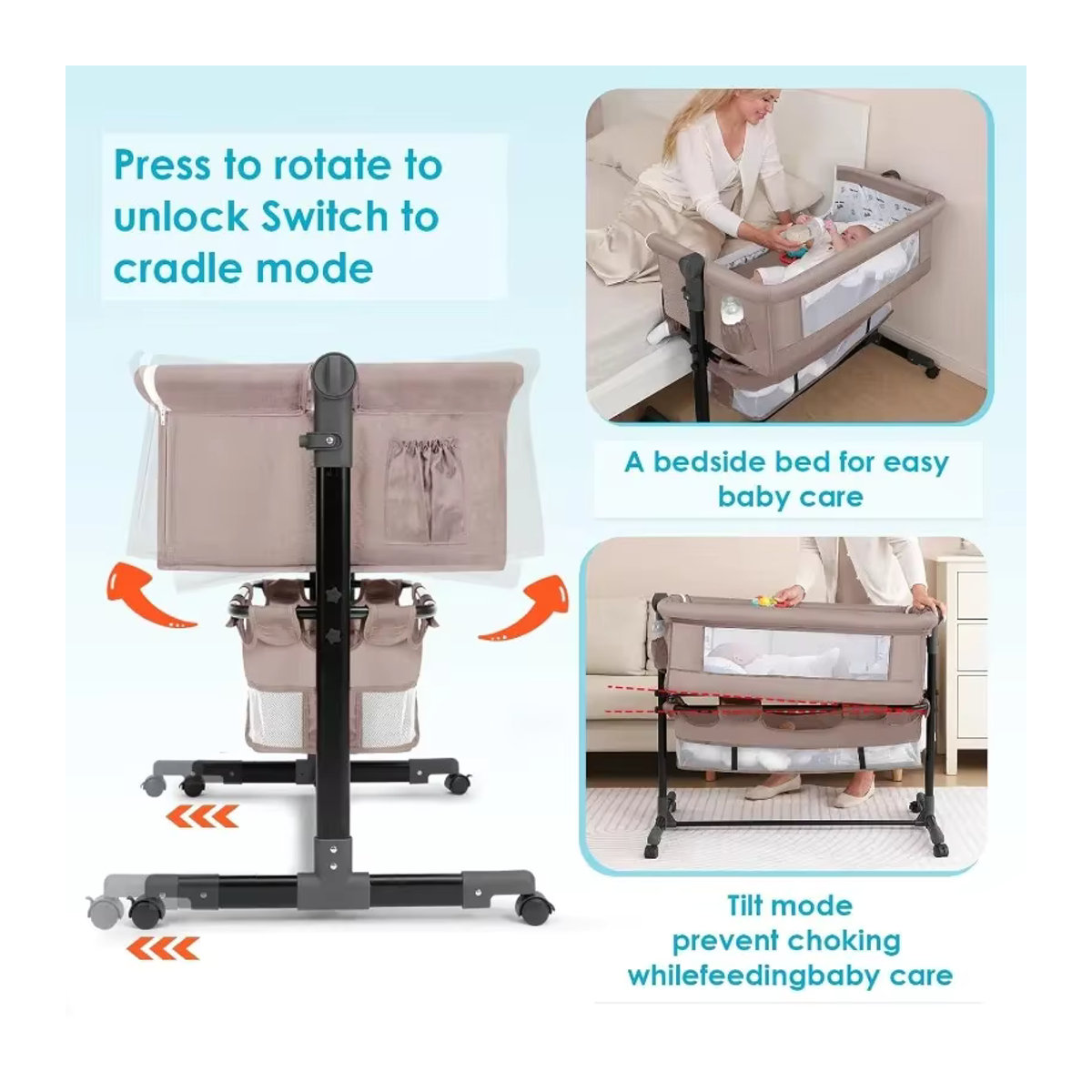 LIUSHADUOLA Kinderzimmerbett mit Moskitonetz und Aufbewahrungstasche, höhenverstellbares Wickelbett für Neugeborene, Beige - Bild 2