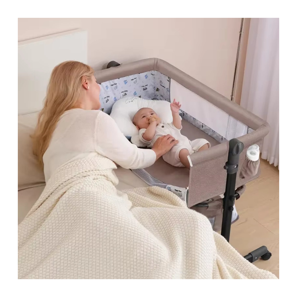 LIUSHADUOLA Kinderzimmerbett mit Moskitonetz und Aufbewahrungstasche, höhenverstellbares Wickelbett für Neugeborene, Beige - Bild 3
