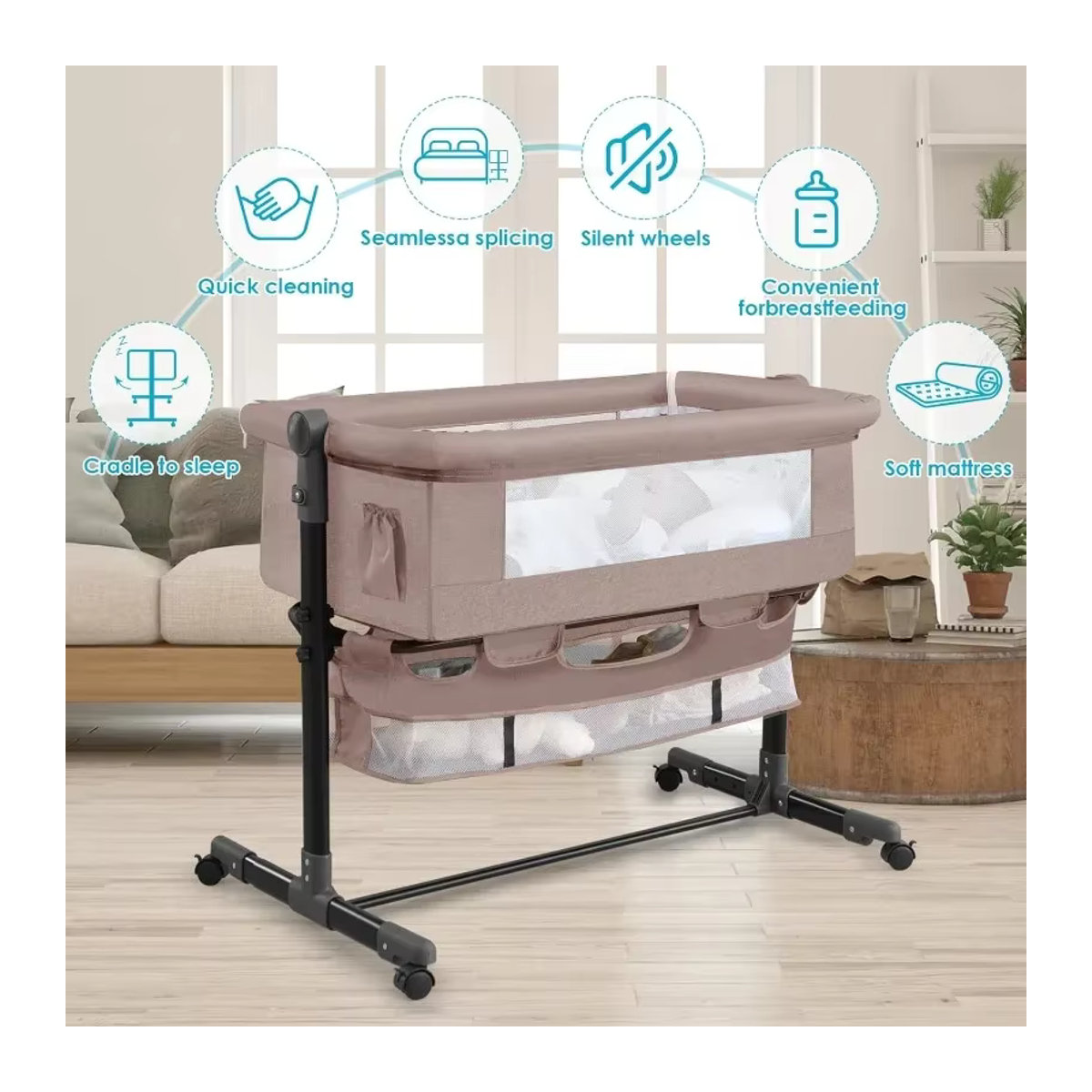 LIUSHADUOLA Kinderzimmerbett mit Moskitonetz und Aufbewahrungstasche, höhenverstellbares Wickelbett für Neugeborene, Beige - Bild 5